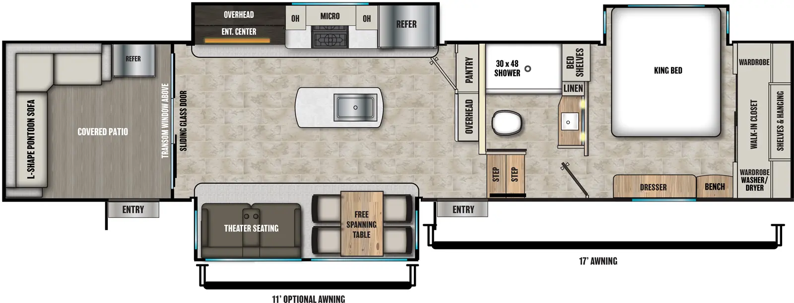 The Brookstone 318RLL floorplan has two entries and three slide outs. Exterior features include: fiberglass exterior and 17' & Opt. 11' awning. Interiors features include: kitchen island, free-standing dinette option and front bedroom.